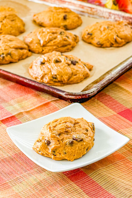 pumpkin cake cookies with chocolate chips folded in the batter