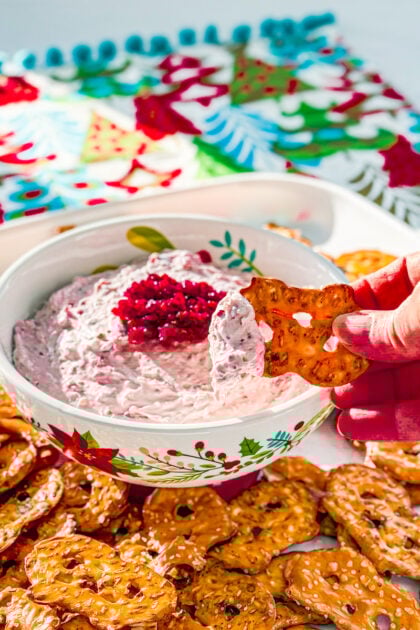 creamy cranberry jalapeno dip with pretzel crisps