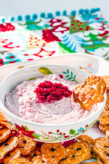 easy creamy cranberry jalapeno dip served with pretzel thins