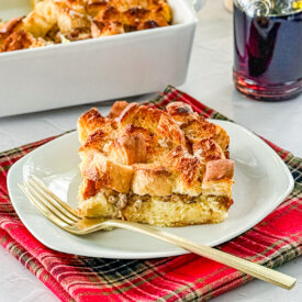 overnight French toast casserole with maple sausage, brown sugar, and maple syrup