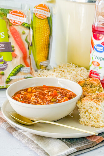 soup made with vegetables, ground beef, and ramen noodles