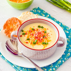 masj=hed ptato soup topped with cheese, bacon, and green onion