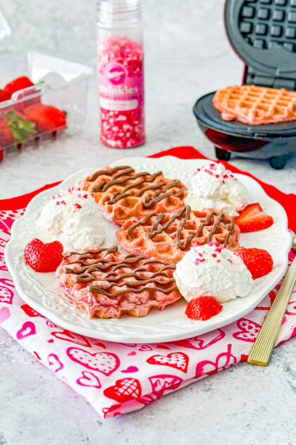 pink velvet waffles in a heart shape for Valentine's