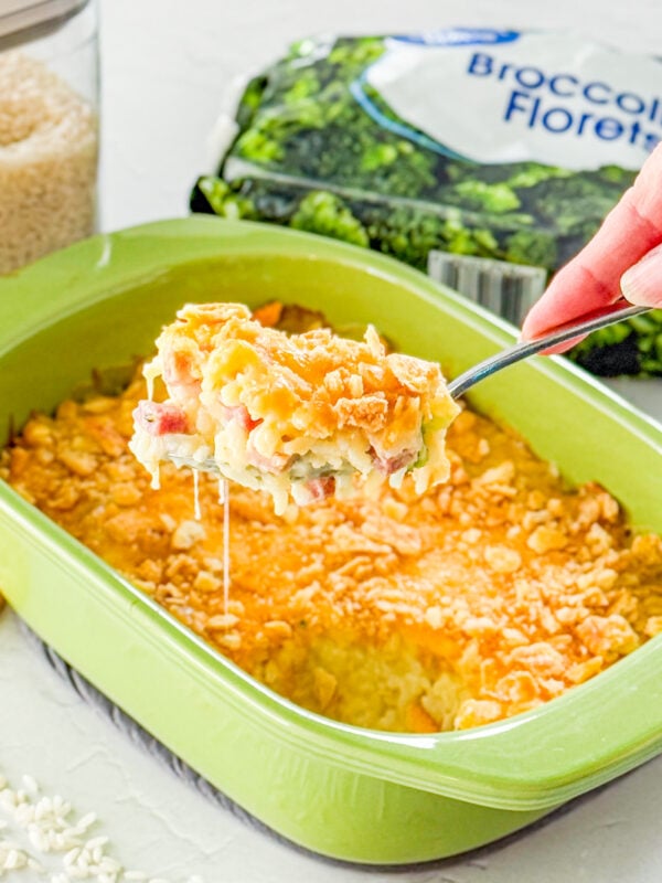 serving up ham and broccoli rice casserole