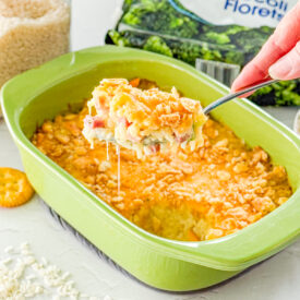 casserole made with ham, broccoli, and rice with Ritz cracker topping