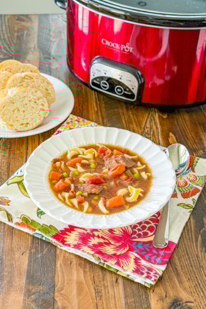 soup with noodes, stew beef, carrots, tomatoes, peas in a white bowl on a dark wood