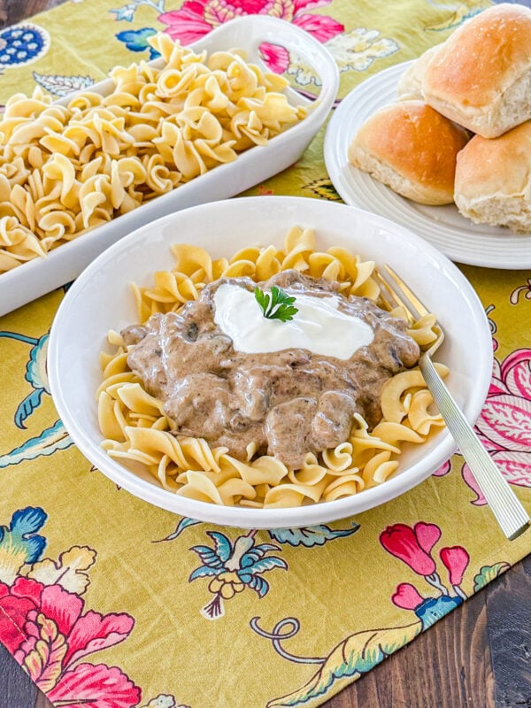 bowl of egg noodles tops with mushroom beef stroganoff sauce, a dollop of sour cream, and chopped green onion