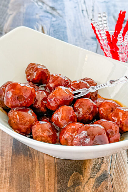 smoked bbq meatballs in a white dish