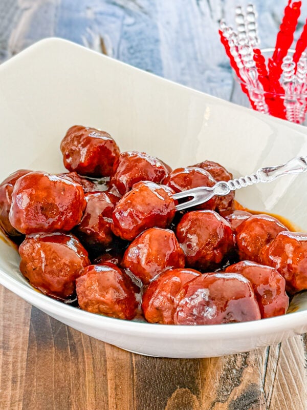 smoked bbq meatballs in a white dish