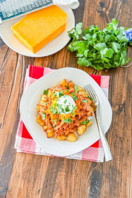 Overhead view of loaded BBQ pork bowls with crispy potatoes and sour cream