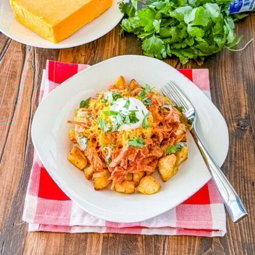 BBQ pork bowl with roasted potatoes, cheese, sour cream, and fresh cilantro