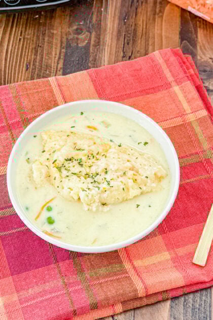 Slow Cooker Chicken and Cheddar Biscuit Dumplings in a creamy sauce