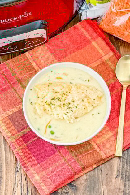 Crock Pot chicken and cheddar biscuit dumplings with vegetables in creamy gravy.