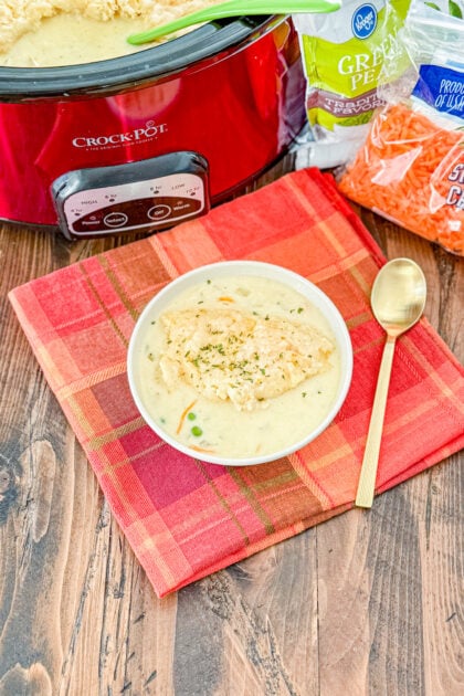 Creamy slow cooker chicken and dumplings topped with cheddar biscuit dumplings.