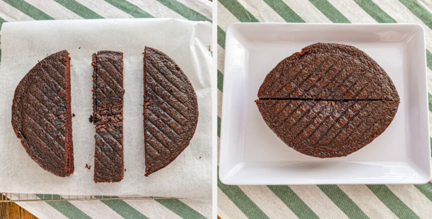one photo showing a round cake cut into 3 pieces, second one shows the middle section removed and the remaining tow pieces pushed together to make a football shape