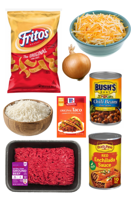 Ingredients for Instant Pot Frito Pie including ground beef, rice, enchilada sauce, and chili beans.