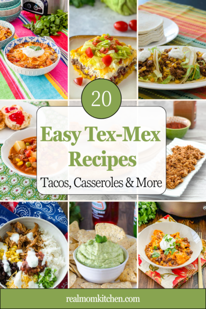 Collage of easy Tex-Mex recipes including tacos, casseroles, bowls, and soups.