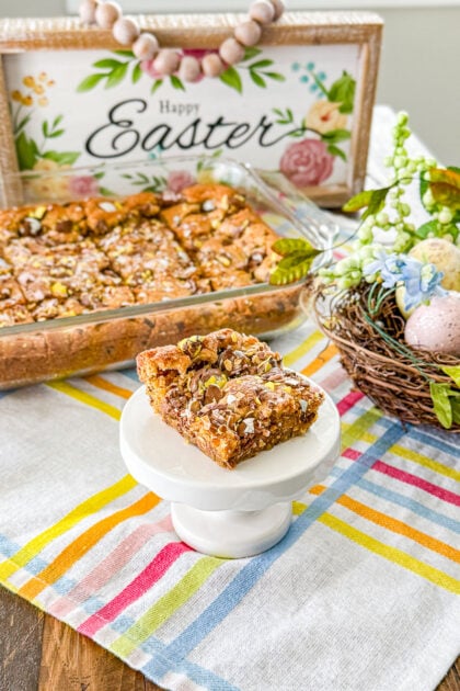 Easter cookie bars made with brown butter, chocolate chips, and crushed Cadbury eggs