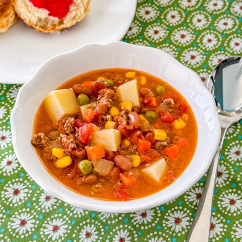 Hearty cowboy soup filled with beef, beans, corn, and potatoes.