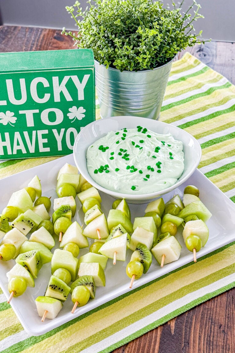 St. Patrick’s Day green fruit skewers served with pistachio fruit dip