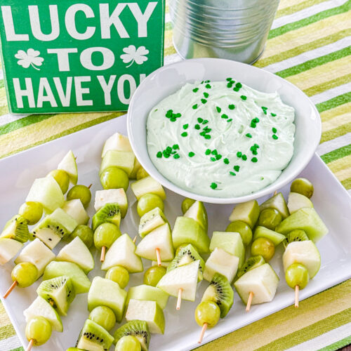 Green fruit skewers with grapes, kiwi, honeydew and apples served with pistachio dip