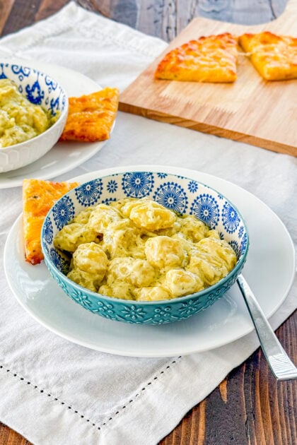 Easy creamy pesto gnocchi recipe made in one pan in about 20 minutes