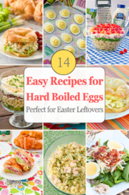Hard boiled egg recipes collage including deviled eggs, egg salad sandwiches, pasta salad, and easy lunch ideas