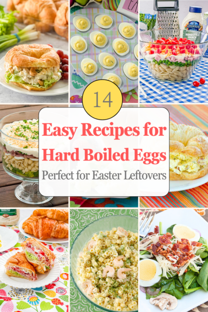 Hard boiled egg recipes collage including deviled eggs, egg salad sandwiches, pasta salad, and easy lunch ideas