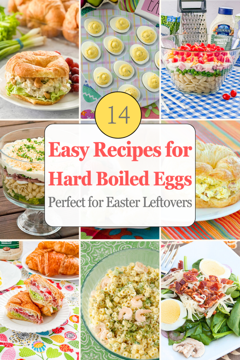 Hard boiled egg recipes collage including deviled eggs, egg salad sandwiches, pasta salad, and easy lunch ideas