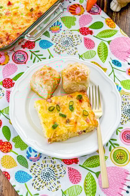 Easter breakfast casserole with ham, hash browns, and eggs