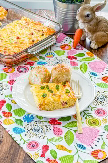 Slice of hashbrown ham and egg casserole on a plate