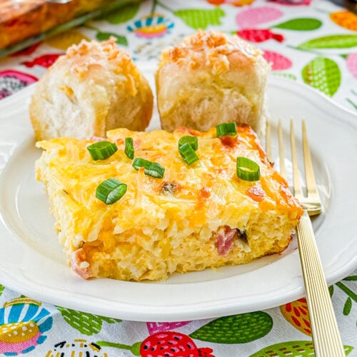 Make-ahead ham and egg casserole with hash browns and cheese