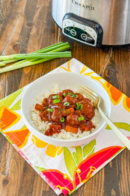 Overhead view of slow cooker Hawaiian meatballs with pineapple