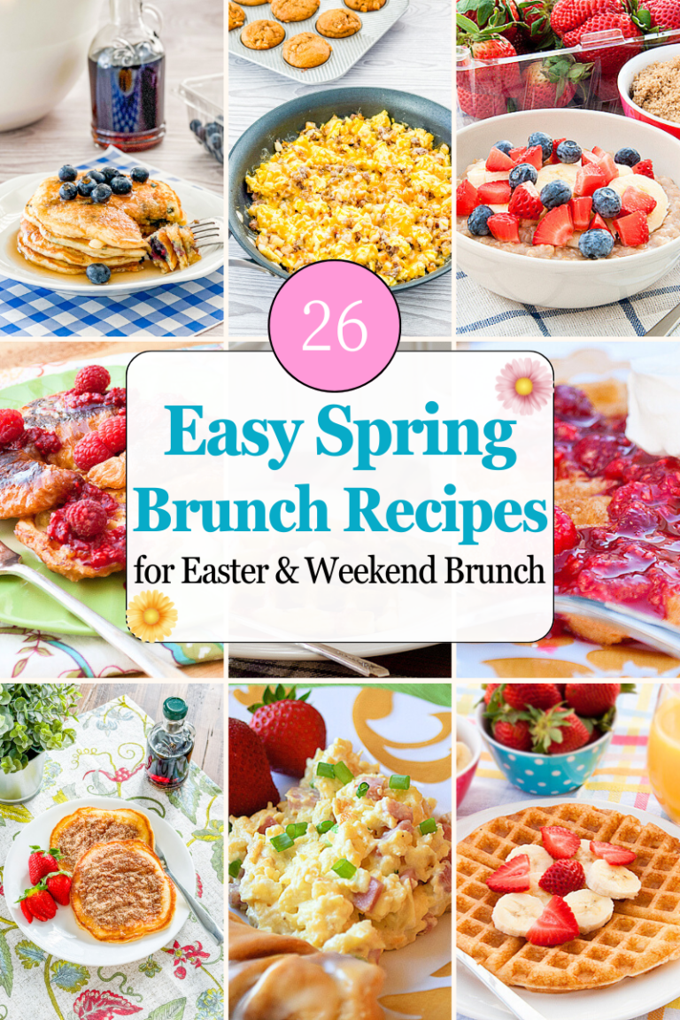 Easy spring brunch ideas collage with pancakes, waffles, French toast, egg dishes, and breakfast recipes