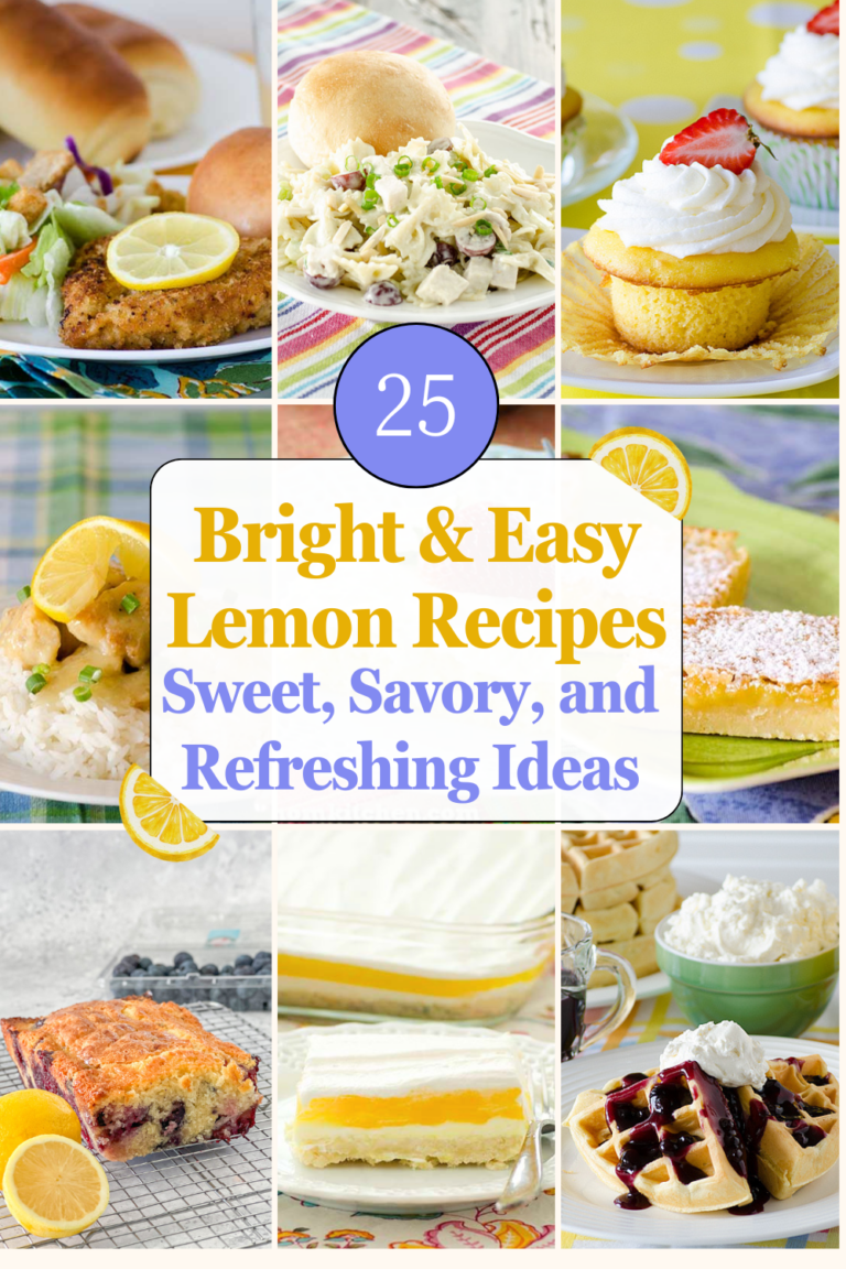 Collage of lemon recipes including desserts, brunch dishes, savory meals, and drinks for spring and summer