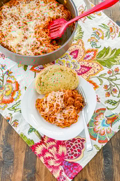 Overhead view of Easy Creamy Beef Skillet Spaghetti