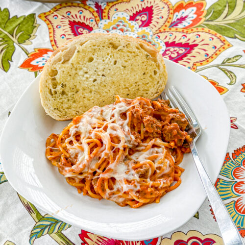 Plate of cheesy beef skillet spaghetti