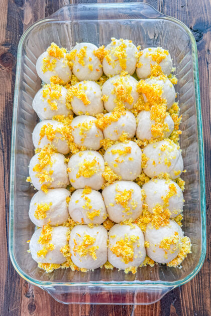 Homemade orange pull-aparts in a baking dish
