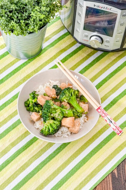 Overhead view of Instant Pot chicken and broccoli