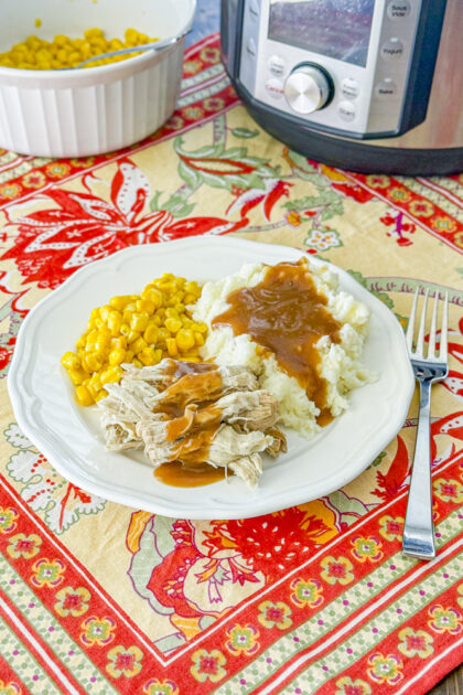 Serving of Instant Pot pork roast with side dishes