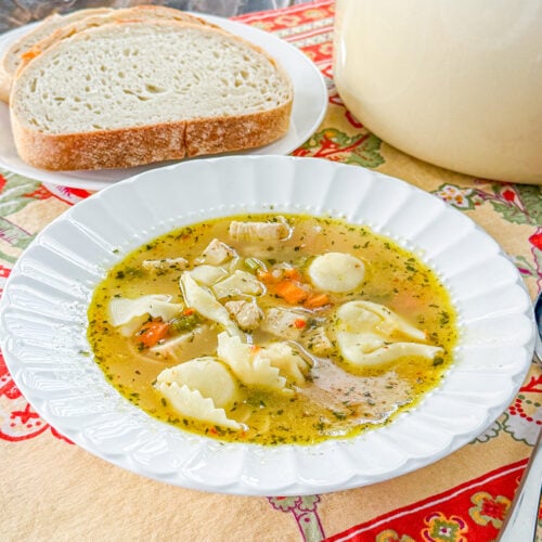 Bowl of Italian chicken tortellini soup served warm for dinner