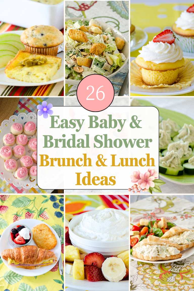 Collage of 26 baby and bridal shower recipe ideas for brunches, lunches, desserts, and party food