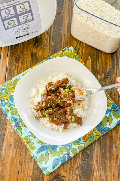 Homemade better than takeout Mongolian beef served over rice with green onions