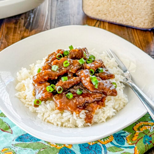 Bowl of Mongolian beef with tender beef strips, green onions, and rice