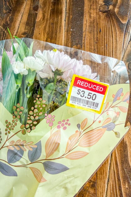 bouquet of flowers and greenery with clearance tag price