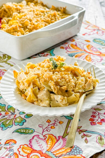Creamy chicken broccoli noodle casserole with buttery cracker topping