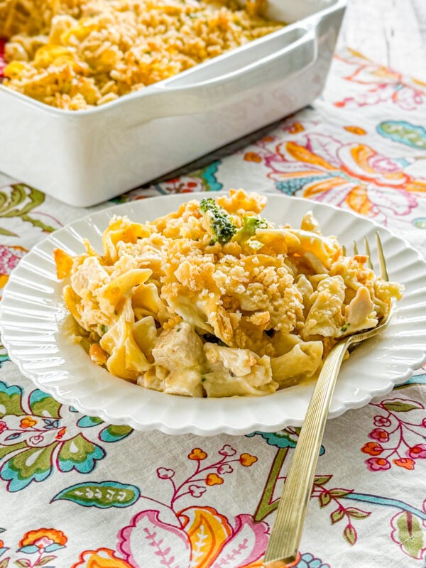 Creamy chicken broccoli noodle casserole with buttery cracker topping