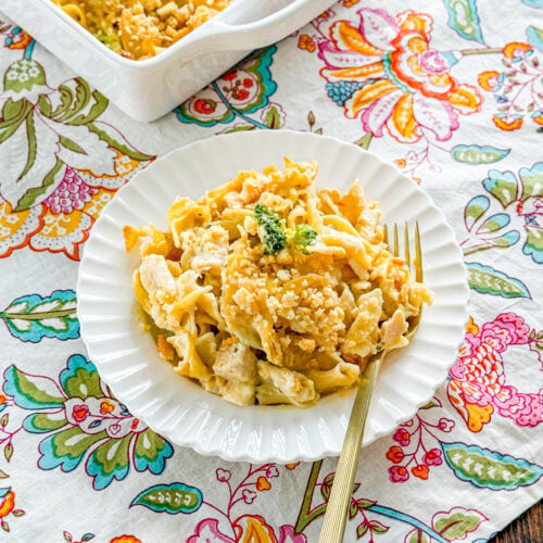 Serving of chicken broccoli noodle casserole on a plate