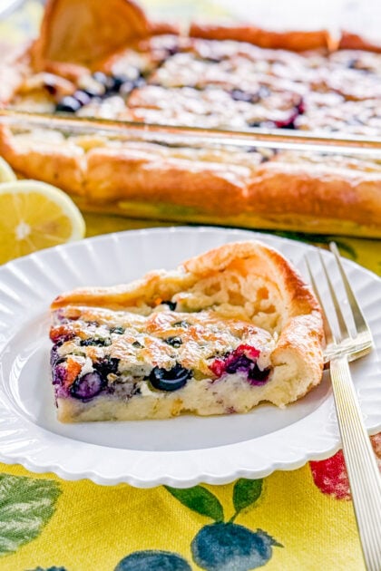 Lemon blueberry Dutch baby pancake topped with fresh blueberries