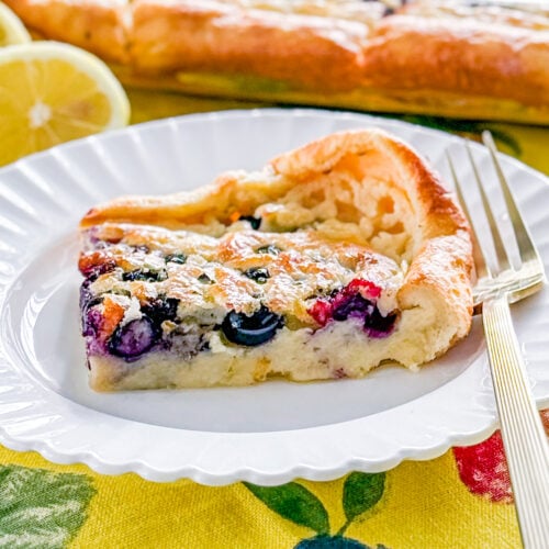 Fresh lemon blueberry Dutch baby pancake ready to serve for breakfast or brunch